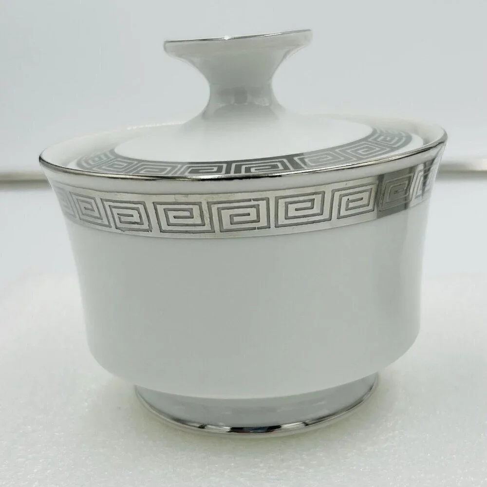 Harmony House Romaic Fine China Cream / Sugar Set Greek Key Platinum Rim 3671